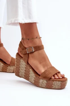 New Sandały Damskie Na Koturnie Z Plecionką Camel Reviala Damskie Sandały Na Koturnie
