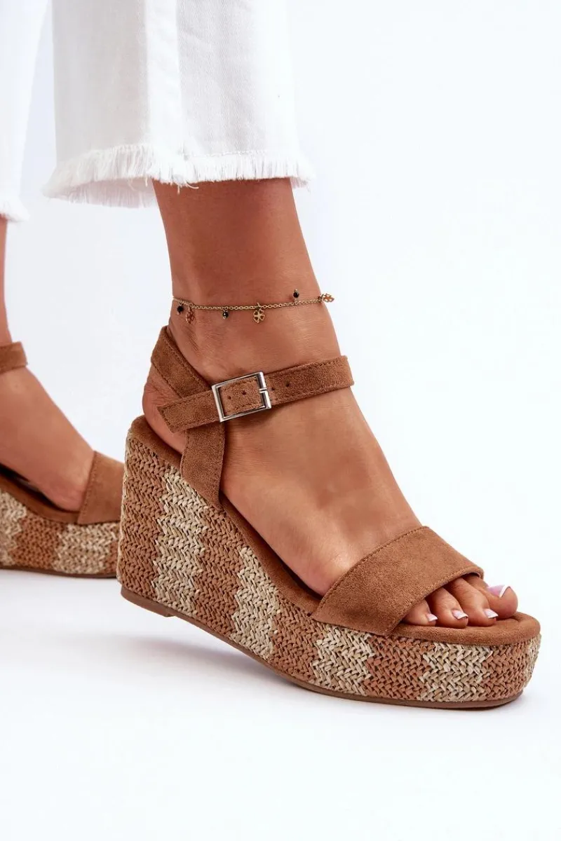 New Sandały Damskie Na Koturnie Z Plecionką Camel Reviala Damskie Sandały Na Koturnie