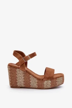 New Sandały Damskie Na Koturnie Z Plecionką Camel Reviala Damskie Sandały Na Koturnie