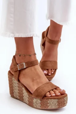 New Sandały Damskie Na Koturnie Z Plecionką Camel Reviala Damskie Sandały Na Koturnie