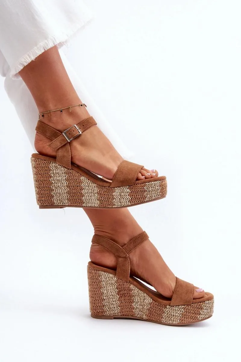 New Sandały Damskie Na Koturnie Z Plecionką Camel Reviala Damskie Sandały Na Koturnie
