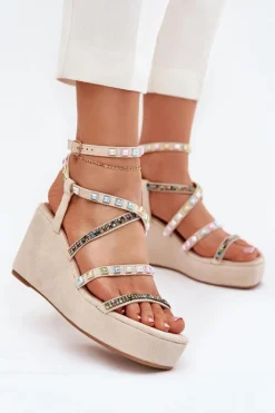 Hot Sandały Damskie Na Koturnie Ze Zdobieniem Na Paskach Beżowe Lunara Damskie Sandały Na Koturnie