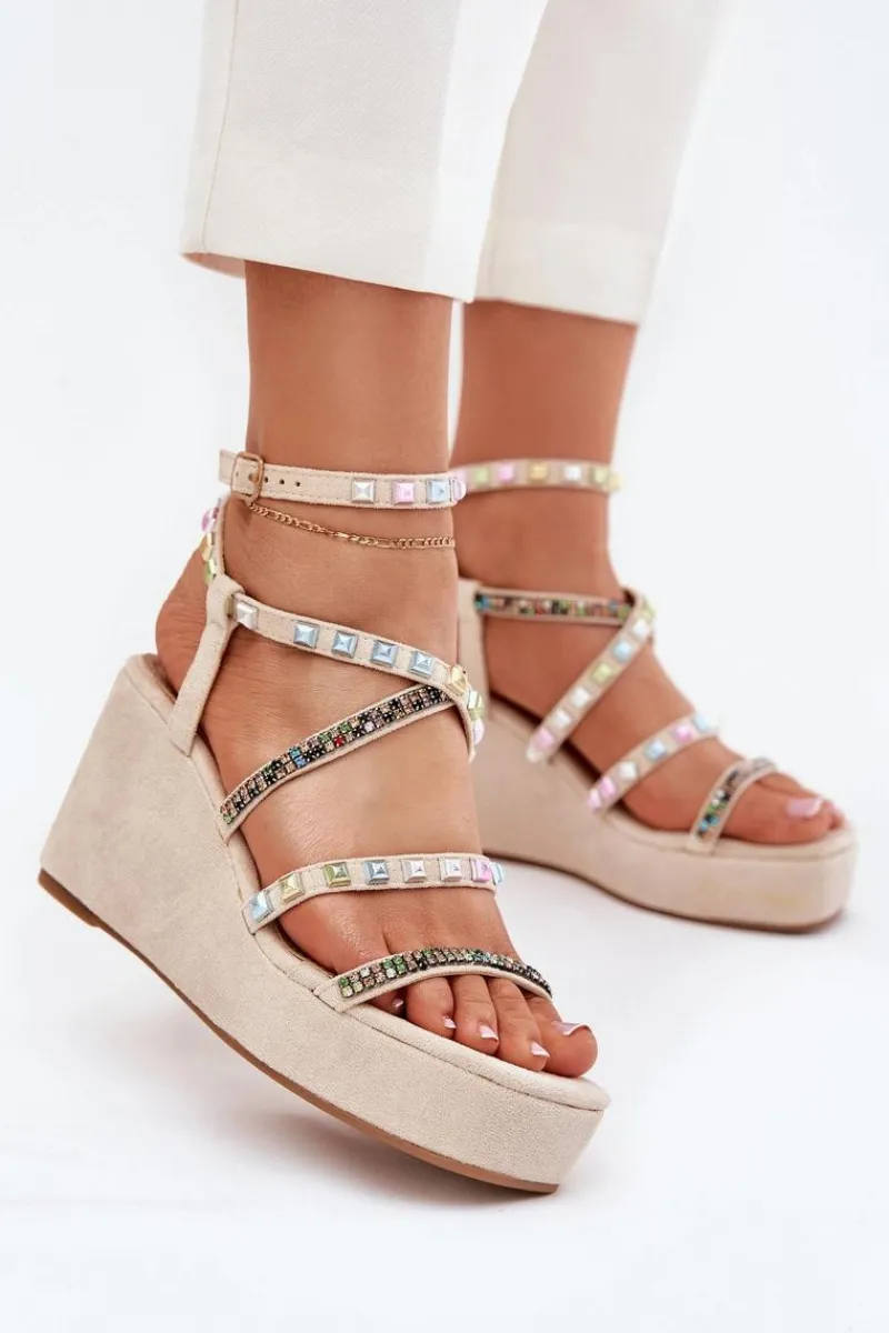 Hot Sandały Damskie Na Koturnie Ze Zdobieniem Na Paskach Beżowe Lunara Damskie Sandały Na Koturnie