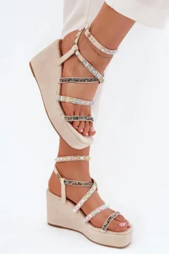 Hot Sandały Damskie Na Koturnie Ze Zdobieniem Na Paskach Beżowe Lunara Damskie Sandały Na Koturnie
