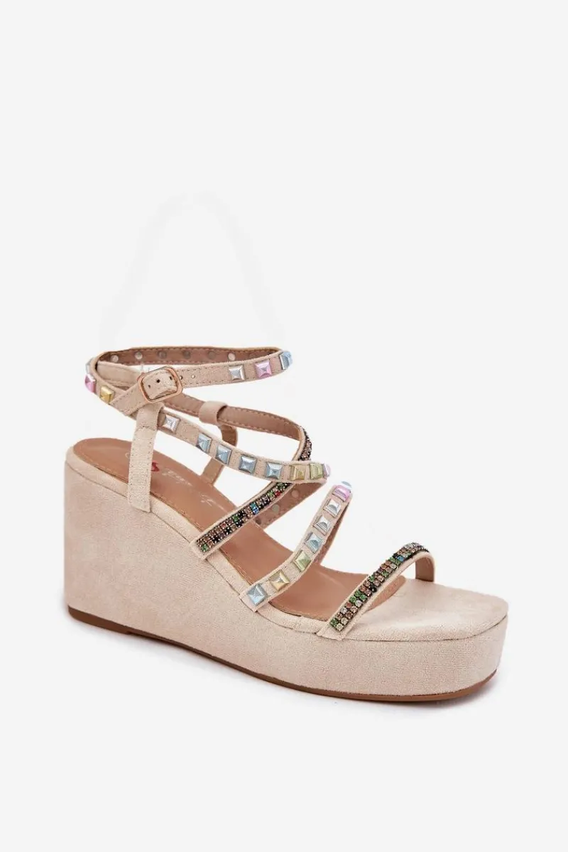 Hot Sandały Damskie Na Koturnie Ze Zdobieniem Na Paskach Beżowe Lunara Damskie Sandały Na Koturnie