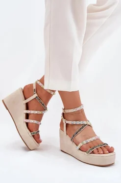 Hot Sandały Damskie Na Koturnie Ze Zdobieniem Na Paskach Beżowe Lunara Damskie Sandały Na Koturnie