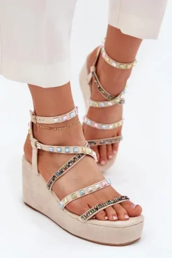 Hot Sandały Damskie Na Koturnie Ze Zdobieniem Na Paskach Beżowe Lunara Damskie Sandały Na Koturnie