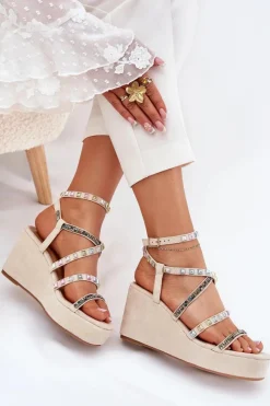 Hot Sandały Damskie Na Koturnie Ze Zdobieniem Na Paskach Beżowe Lunara Damskie Sandały Na Koturnie