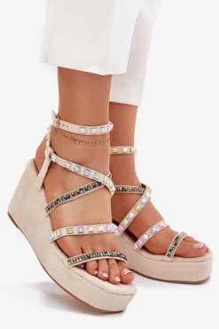 Hot Sandały Damskie Na Koturnie Ze Zdobieniem Na Paskach Beżowe Lunara Damskie Sandały Na Koturnie