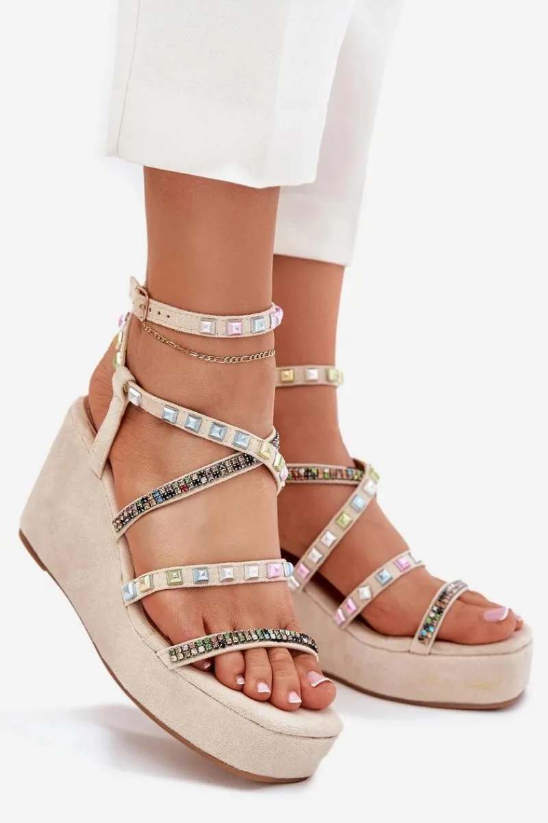 Hot Sandały Damskie Na Koturnie Ze Zdobieniem Na Paskach Beżowe Lunara Damskie Sandały Na Koturnie