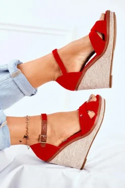New Sandały Damskie Na Koturnie Czerwone LaMane Damskie Sandały Na Koturnie