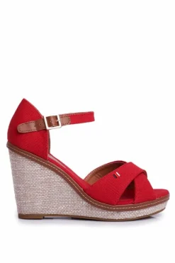 New Sandały Damskie Na Koturnie Czerwone LaMane Damskie Sandały Na Koturnie