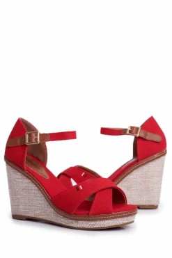 New Sandały Damskie Na Koturnie Czerwone LaMane Damskie Sandały Na Koturnie