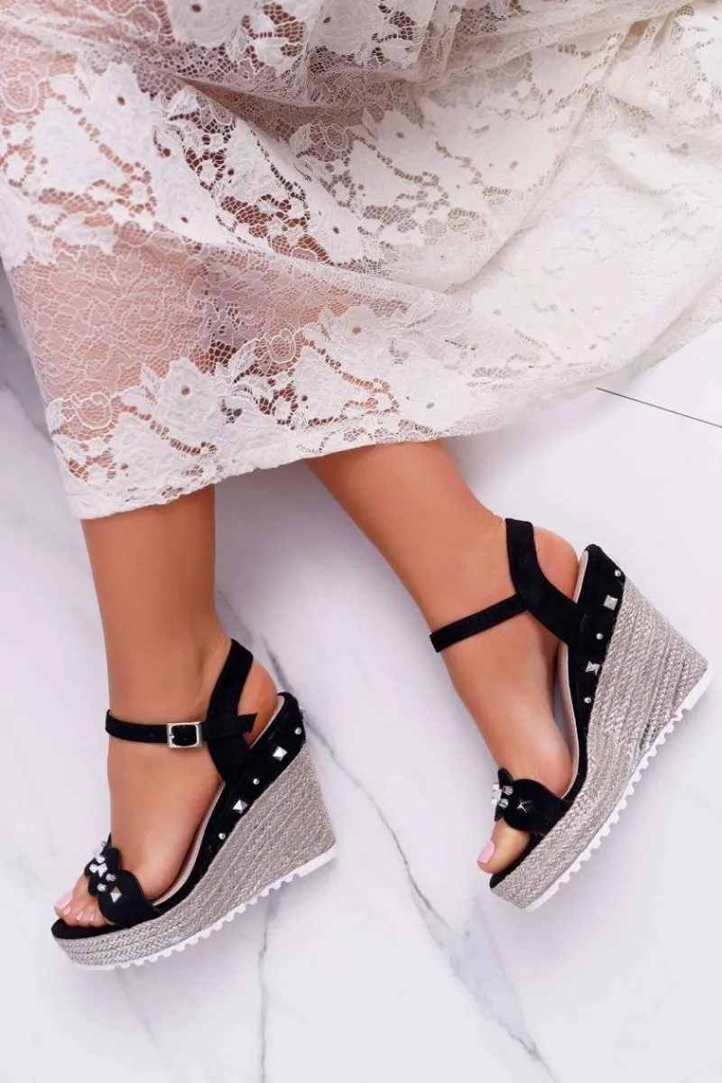 Sale Boto Sandały Damskie Na Koturnie Z Dżetami Ćwiekami Czarne Alenni