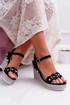 Sale Boto Sandały Damskie Na Koturnie Z Dżetami Ćwiekami Czarne Alenni