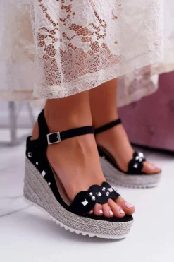 Sale Boto Sandały Damskie Na Koturnie Z Dżetami Ćwiekami Czarne Alenni