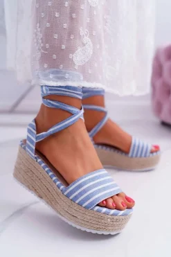 Sandały Na Koturnie>Boto Sandały Damskie Na Koturnie Platformie Lniane Wiązane Błękitne Jolyn