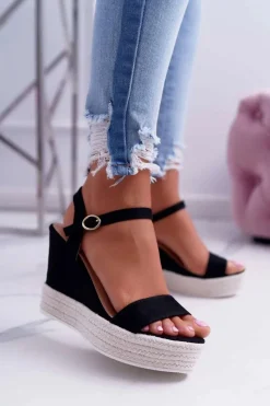 Sandały Na Koturnie>Boto Sandały Damskie Na Koturnie Lniane Czarne Liviana