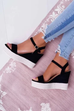 Sandały Na Koturnie>Boto Sandały Damskie Na Koturnie Lniane Czarne Liviana