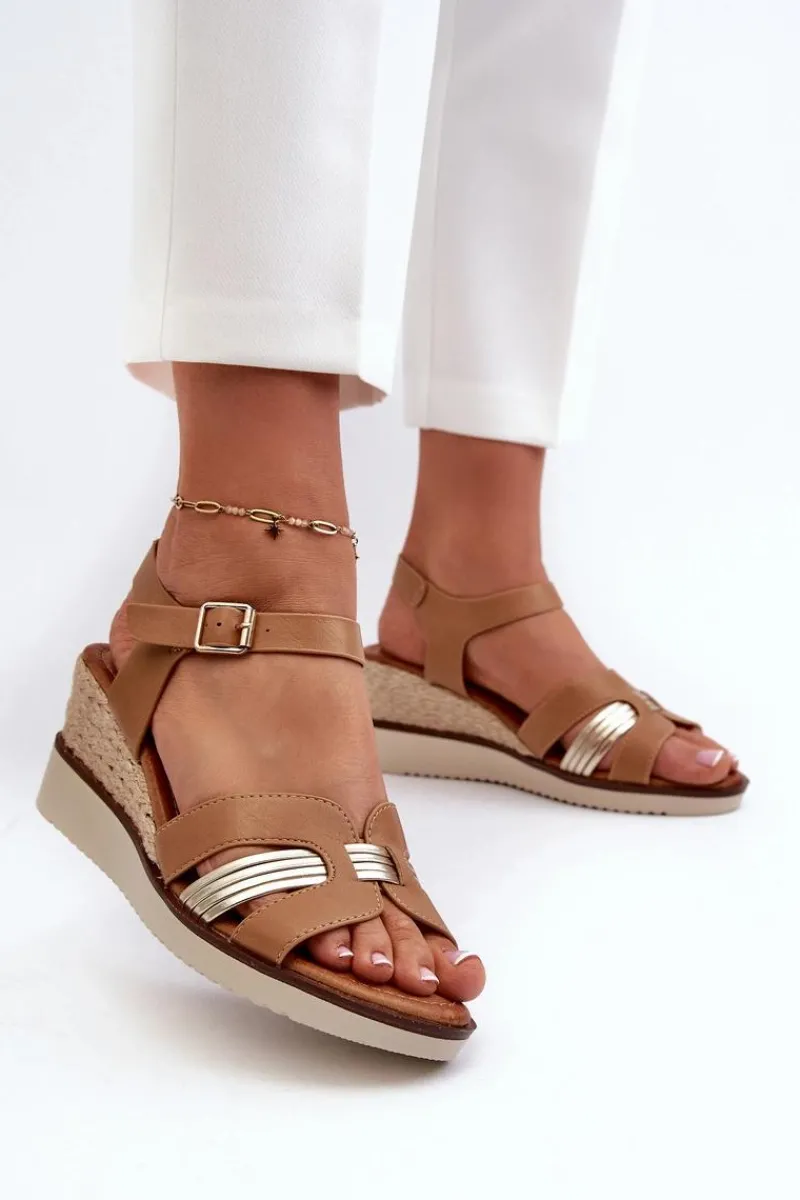 Best Evento Sandały Damskie Na Koturnie Z Plecionką Brązowe Starlenna Brązowy