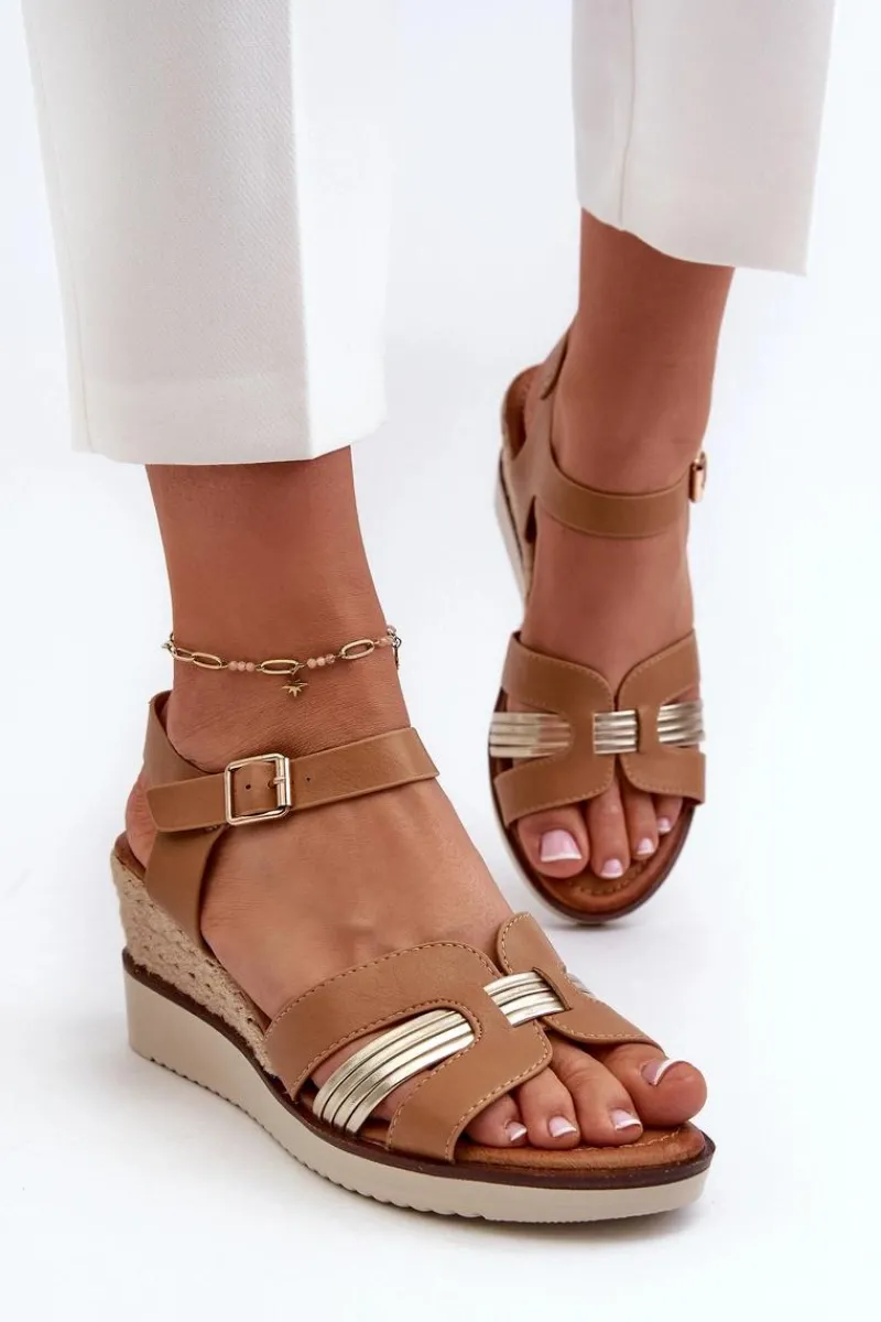 Best Evento Sandały Damskie Na Koturnie Z Plecionką Brązowe Starlenna Brązowy