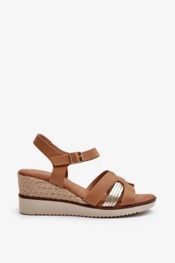 Best Evento Sandały Damskie Na Koturnie Z Plecionką Brązowe Starlenna Brązowy