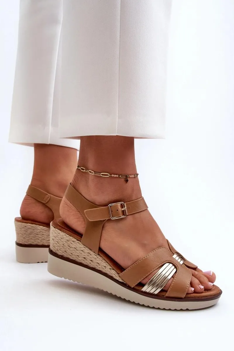 Best Evento Sandały Damskie Na Koturnie Z Plecionką Brązowe Starlenna Brązowy