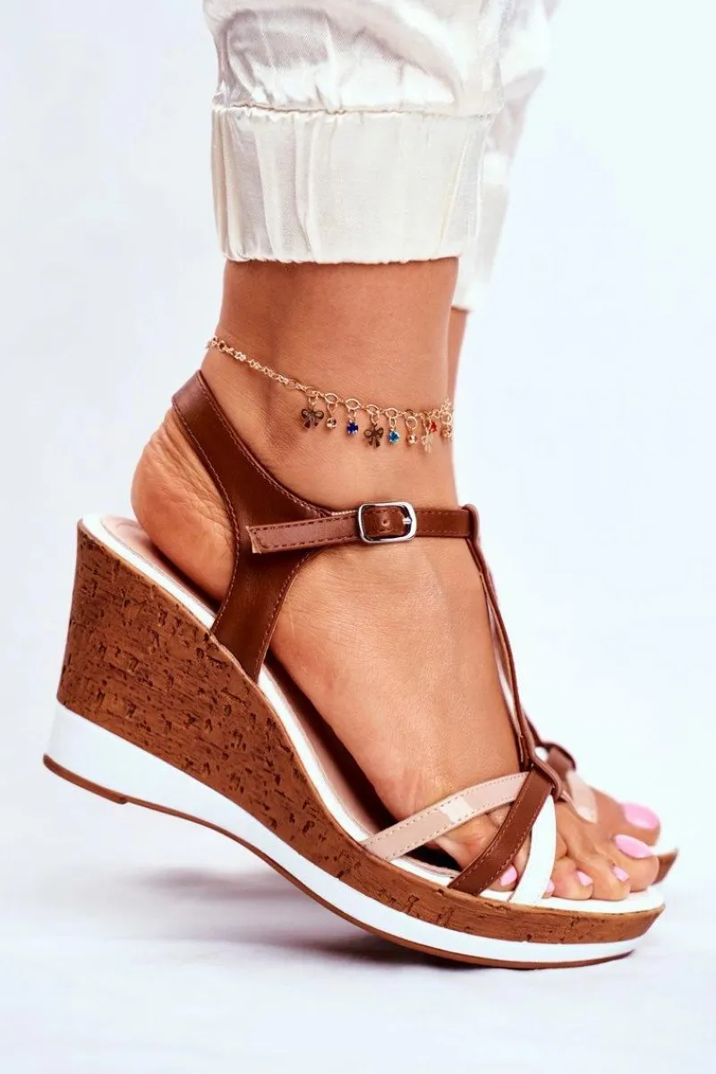 Outlet Sandały Damskie Na Koturnie Sergio Leone Brązowe SK308 Damskie Sandały Na Koturnie