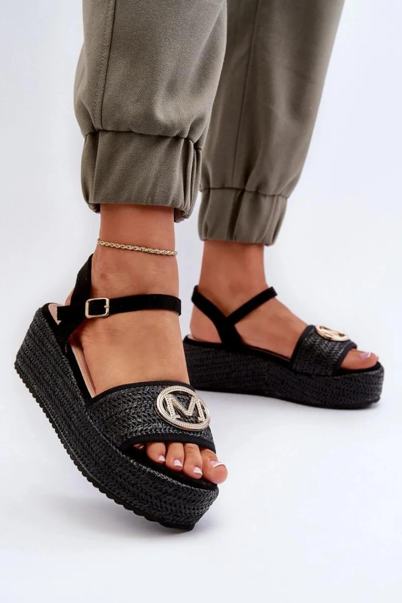 Outlet Boto Sandały Damskie Na Koturnie Z Plecionką Czarne Esalena