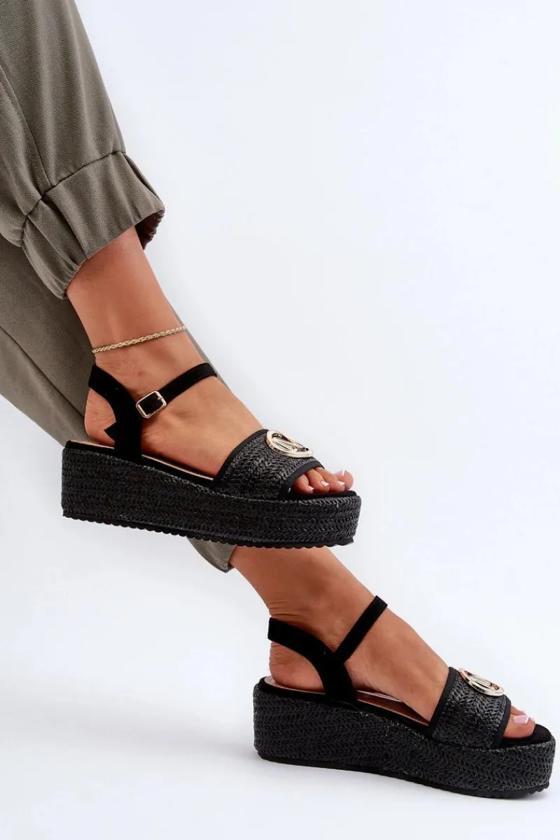 Outlet Boto Sandały Damskie Na Koturnie Z Plecionką Czarne Esalena