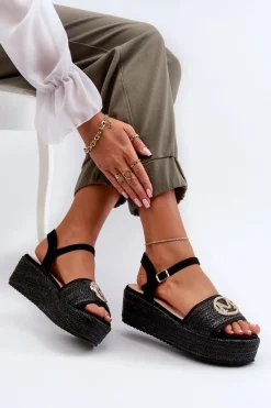 Outlet Boto Sandały Damskie Na Koturnie Z Plecionką Czarne Esalena