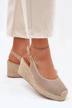 Sandały Damskie Na Koturnie Z Plecionką Ciemnobeżowe Tulliata Damskie Sandały Na Koturnie