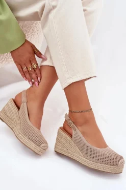 Sandały Damskie Na Koturnie Z Plecionką Ciemnobeżowe Tulliata Damskie Sandały Na Koturnie