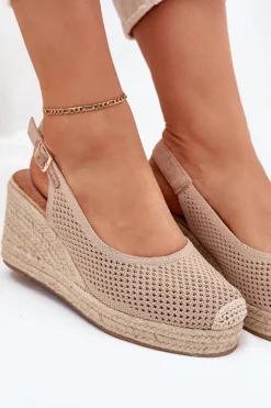 Sandały Damskie Na Koturnie Z Plecionką Ciemnobeżowe Tulliata Damskie Sandały Na Koturnie