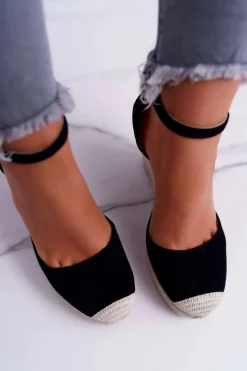 Sandały Na Koturnie>Boto Sandały Damskie Na Koturnie Lniane Czarne Tammaris