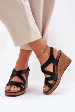 Buty Sergio Leone Sandały Damskie Na Koturnie Sergio Leone SK223 Czarne Czarny