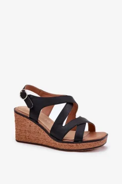 Buty Sergio Leone Sandały Damskie Na Koturnie Sergio Leone SK223 Czarne Czarny