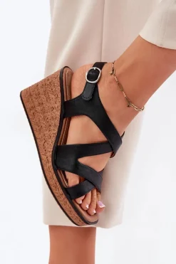 Buty Sergio Leone Sandały Damskie Na Koturnie Sergio Leone SK223 Czarne Czarny