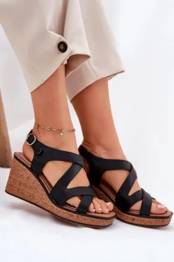 Buty Sergio Leone Sandały Damskie Na Koturnie Sergio Leone SK223 Czarne Czarny