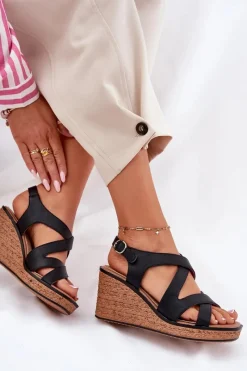 Buty Sergio Leone Sandały Damskie Na Koturnie Sergio Leone SK223 Czarne Czarny