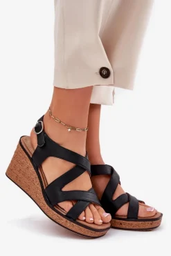 Buty Sergio Leone Sandały Damskie Na Koturnie Sergio Leone SK223 Czarne Czarny