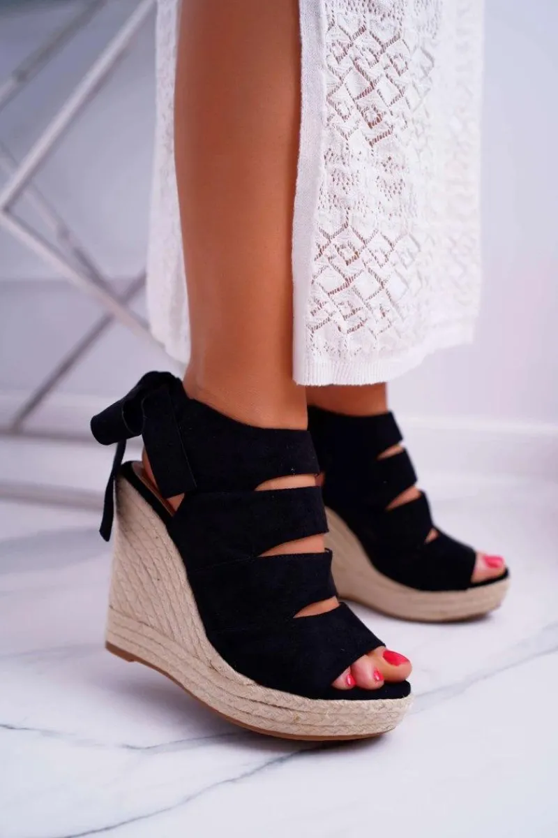 Hot Boto Sandały Damskie Na Koturnie Lniane Wiązane Czarne Cantare