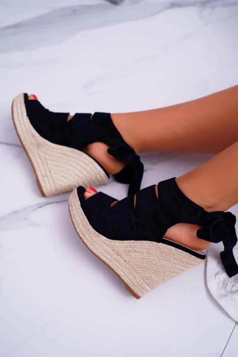 Hot Boto Sandały Damskie Na Koturnie Lniane Wiązane Czarne Cantare