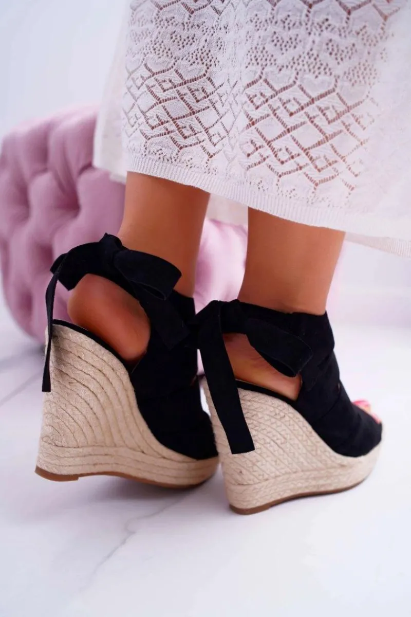 Hot Boto Sandały Damskie Na Koturnie Lniane Wiązane Czarne Cantare