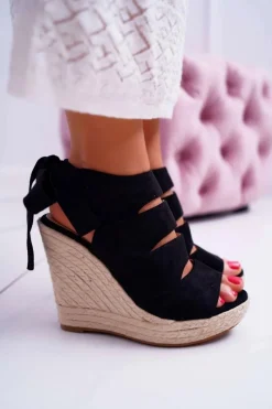 Hot Boto Sandały Damskie Na Koturnie Lniane Wiązane Czarne Cantare