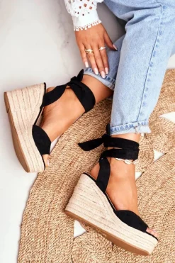 Clearance Sandały Damskie Na Koturnie Espadryle Czarny Ollie Damskie Sandały Na Koturnie