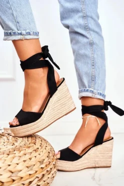 Clearance Sandały Damskie Na Koturnie Espadryle Czarny Ollie Damskie Sandały Na Koturnie