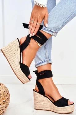 Clearance Sandały Damskie Na Koturnie Espadryle Czarny Ollie Damskie Sandały Na Koturnie