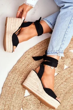 Clearance Sandały Damskie Na Koturnie Espadryle Czarny Ollie Damskie Sandały Na Koturnie