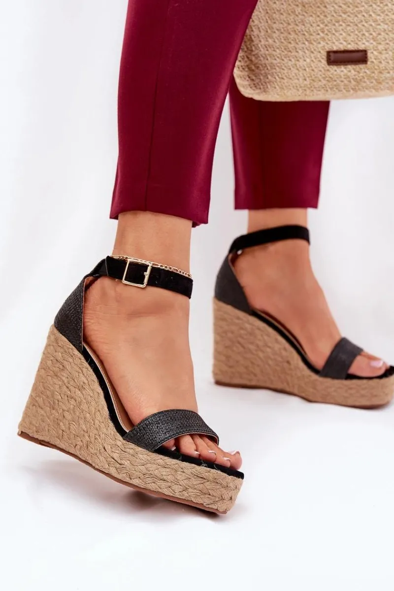 Discount Boto Sandały Damskie Na Koturnie Z Plecionką Czarne Adelio Czarny